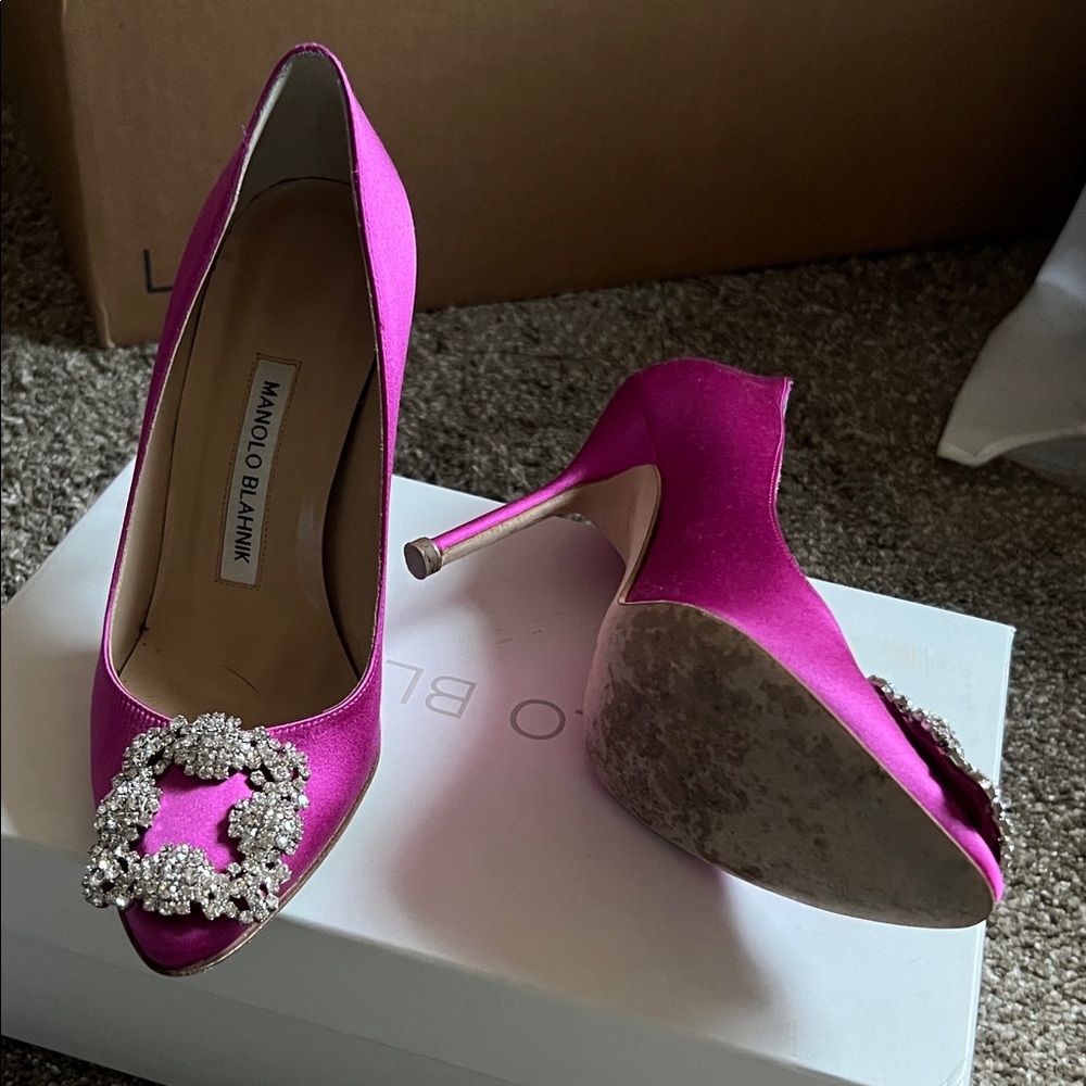 Manolo Blahnik Hot Pink Satin Pumps with Crystal Buckles - Picture 3 of 5